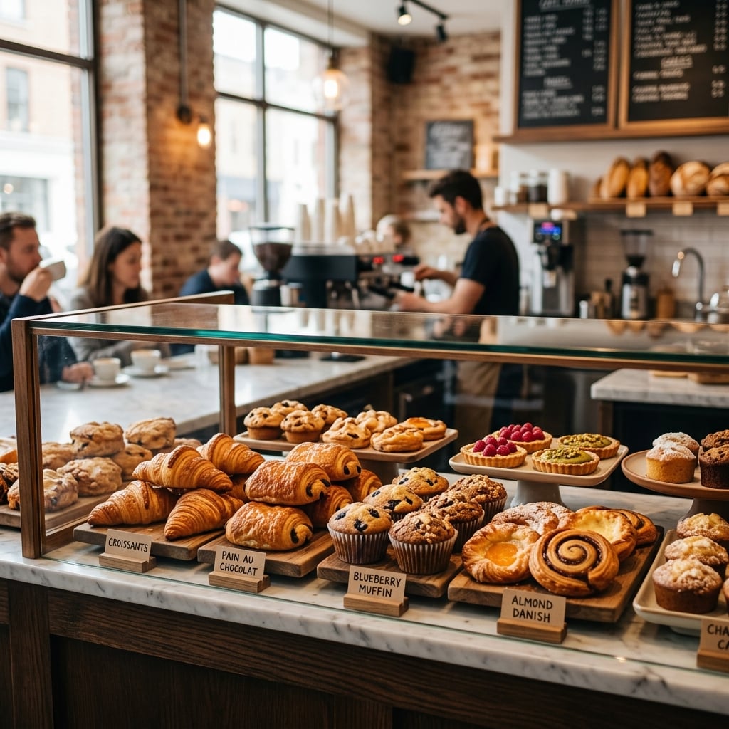 Artisan pastry display case with croissants and baked goods