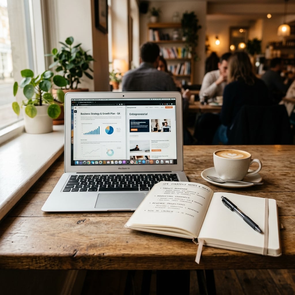 Laptop open on café table for business planning