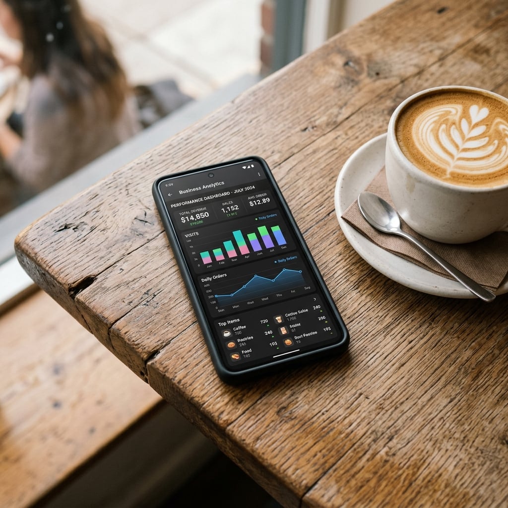 Smartphone on café table with analytics display