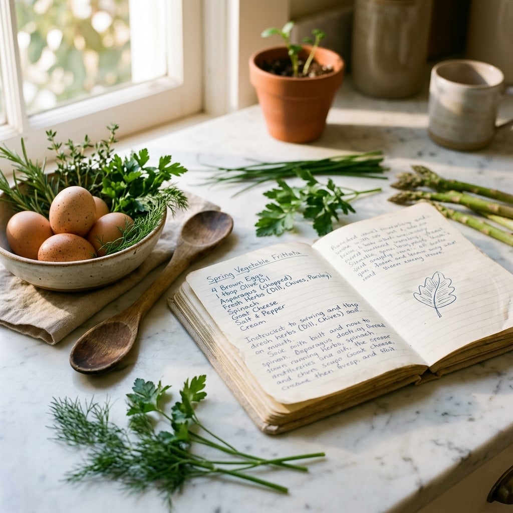 Recipe notebook with fresh herbs and ingredients