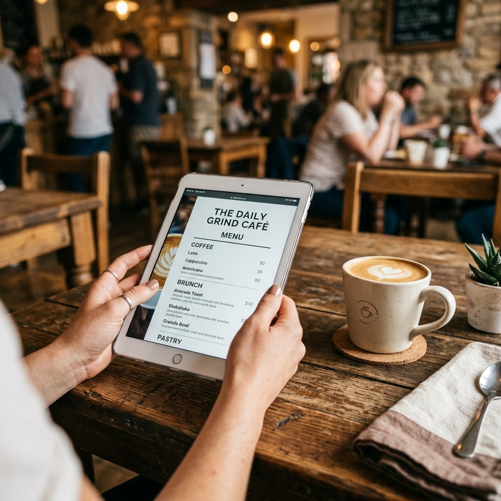 Person using tablet to review menu in a café